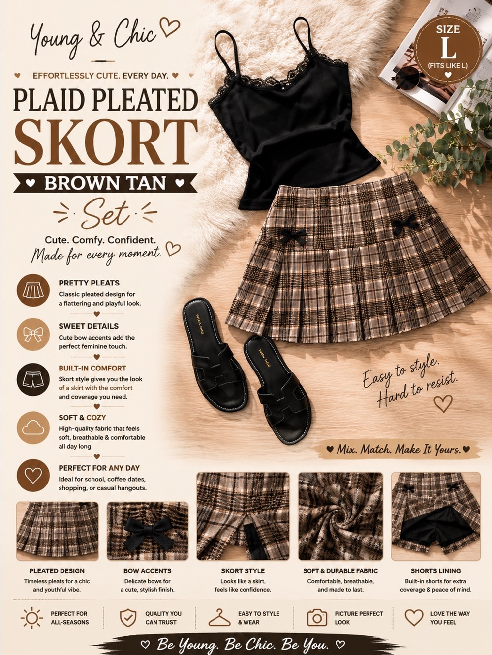 Young & Chic Plaid Pleated Skort Size Large Brown Tan Preppy Coquette